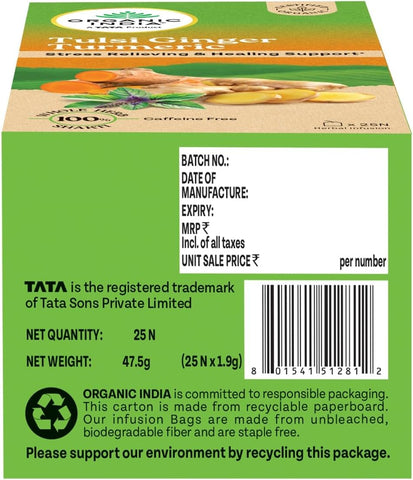 ORGANIC INDIA Tulsi Ginger Turmeric Tea, 25 Tea Bags