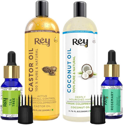 Rey Naturals hair oils combo/hair care kit (Castor oil + Coconut oil + Tea tree oil + Rosemary oil) controls hairfall