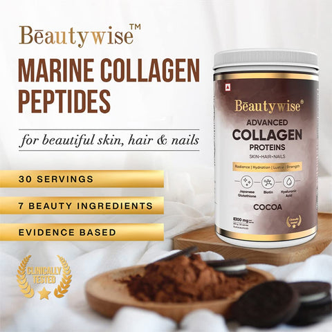 Beautywise Advanced Marine Collagen Proteins Powder With Hyaluronic Acid, Glutathione & Biotin (Cocoa) 250G