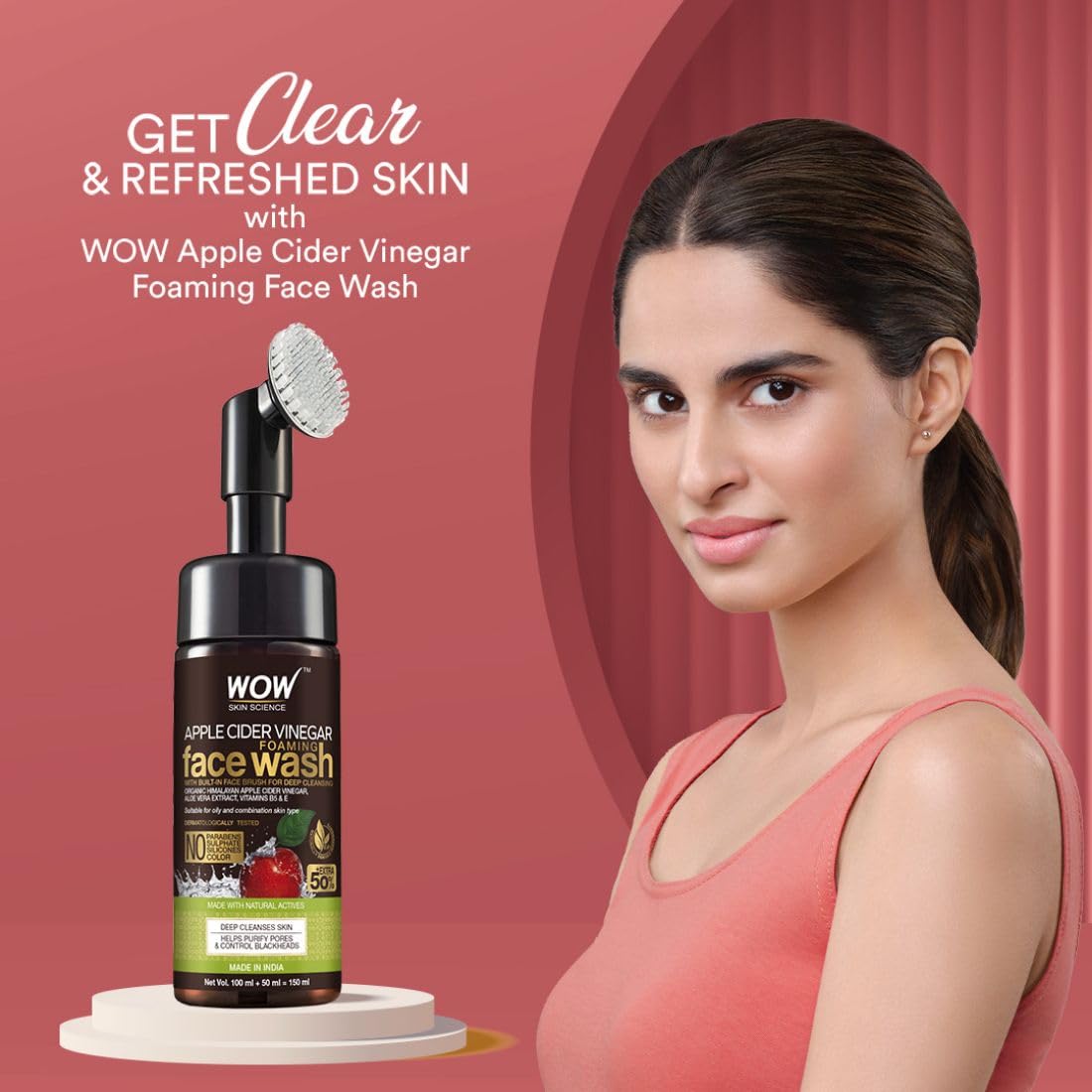 WOW Skin Science Apple Cider Vinegar Foaming Face Wash with Brush, 150ml - Image 2