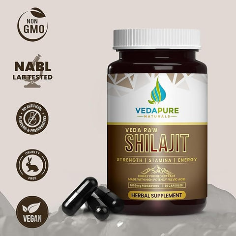 VedaPure Raw Shilajit 60 Capsules - Pure Natural Shilajit