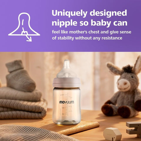 Moyuum PPSU All-in-One Feeding Baby Bottle with Nipple 270ml (+3 months) - Anti Colic, BPA Free & Easy Clean Wide-Neck Non-Tip Stable Base - Cat Edition Grey