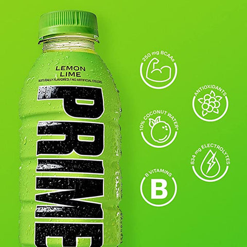 Prime Hydration Drink Sports Beverage "LEMON LIME," Naturally Flavored, 10% Coconut Water, 250mg BCAAs, B Vitamins, Antioxidants, 835mg Electrolytes, 20 Calories per 16.9 Fl Oz Bottle One piece