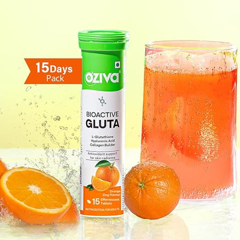 Oziva Bioactive Glutathione Tablets For Radiant Skin - 15 Effervescent Tablets | L-Glutathione, Lycopene, Vitamin C For Skin Glow & Anti-Pigmentation|Orange
