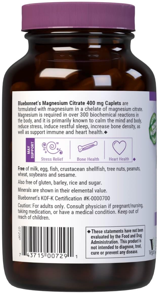 BlueBonnet Magnesium Citrate 400mg - 60 Vegan Caplets - Image 3
