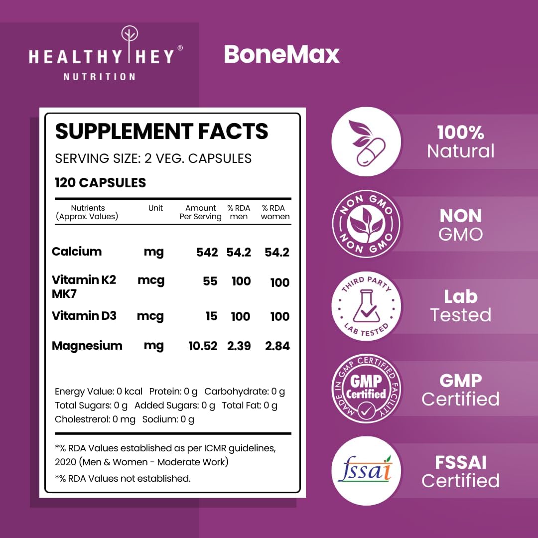 HealthyHey Calcium with Magnesium, Vitamin D3 & K2-MK7 - 120 Veg Capsules - Image 2