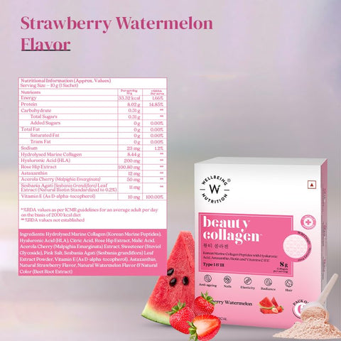 Wellbeing Nutrition Beauty Korean Marine Collagen | Strawberry Watermelon 6 Sachets