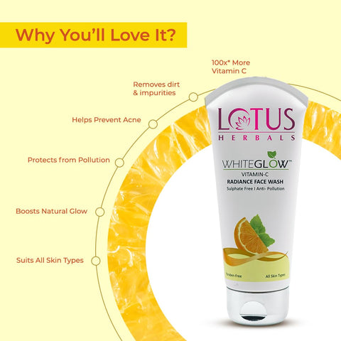Lotus Herbals WhiteGlow Vitamin C Radiance Face Wash | For Dark Spots & Dull Skin | Anti- Pollution | 100g