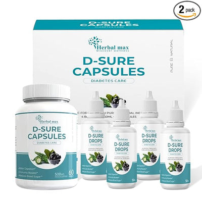 مجموعة هيربال ماكس دي-شور (Herbal Max D-SURE) - للعناية بمرضى السكري، 60 كبسولة و4 عبوات قطرات سعة 50 مل