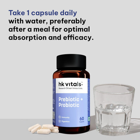 HK vitals Pre & Probiotics (60 Capsules) | With CFU & 100mg Prebiotics | Improves Digestion & Immunity