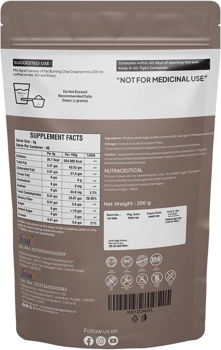 Miduty Fat Burning Chai Creamer - Metabolism Boosting MCT Powder, 200G - Image 7