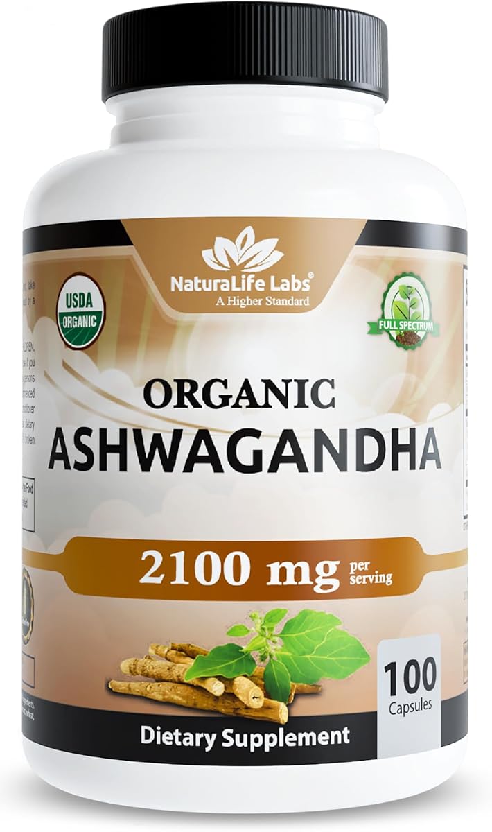 Naturalife Labs Organic Ashwagandha 2100mg - Vegan Capsules, 100 Count