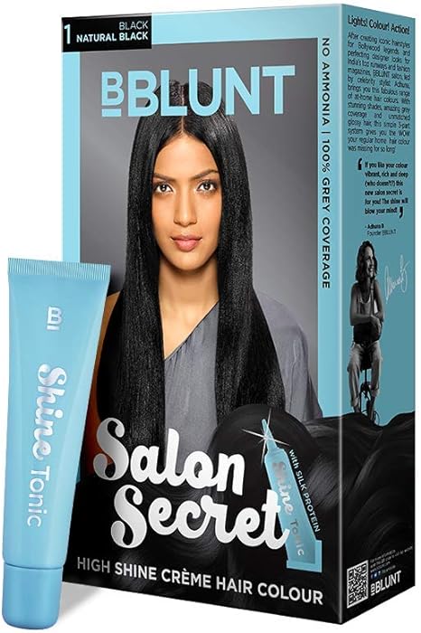 BBLUNT Salon Secret High Shine Creme Hair Colour, Black Natural Black 1, 100g with Shine Tonic, 8ml