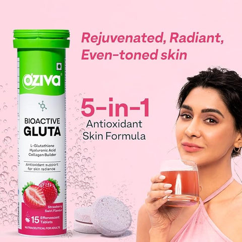 Oziva Bioactive Glutathione Tablets For Radiant Skin - 15 Effervescent Tablets | L-Glutathione, Lycopene, Vitamin C For Skin Glow & Anti-Pigmentation | Strawberry Swirl