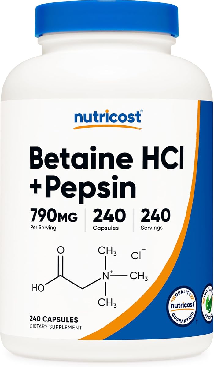 Nutricost Betaine HCl + Pepsin Capsules, 790mg - 240 Count