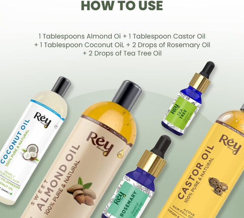 Rey Naturals Complete Hair Care Kit-Castor Oil + Coconut Oil + Almond Oil + Rosemary Oil + Tea tree Oil Combo