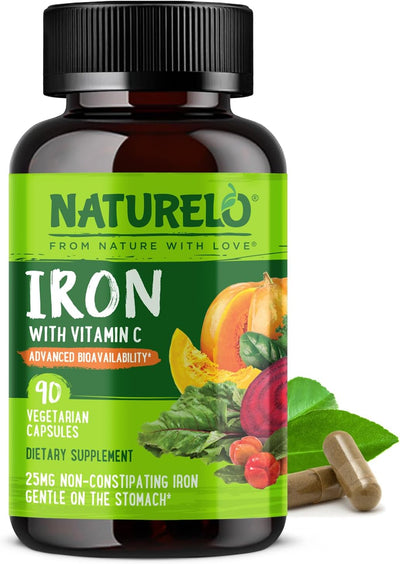 مكمل الحديد النباتي من Naturelo مع فيتامين سي وأطعمة عضوية كاملة - كبسولات صغيرة لطيفة على المعدة للنساء والرجال الذين يعانون من نقص الحديد بما في ذلك أثناء الحمل، ولمتبعي حميات فقر الدم - 90 كبسولة صغيرة