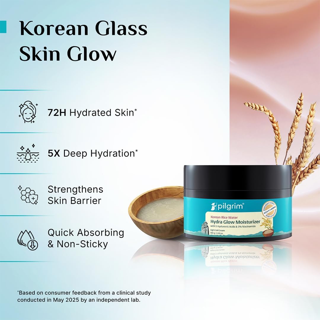 Pilgrim Face Moisturiser with Korean Rice Water - 100g Gel, Hyaluronic Acids, Niacinamide, Ceramides - Image 3