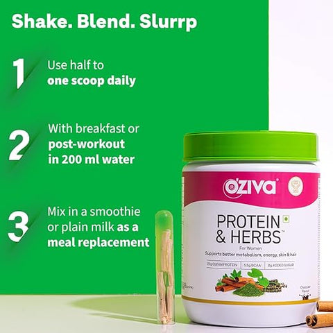 Oziva Protein & Herbs For Women, Vanilla Almond, 500G Natural Protein Powder For Weight Control, Better Metabolism & Hormonal Balance, 23G Whey Protein, Ayurvedic Herbs, Certified Clean