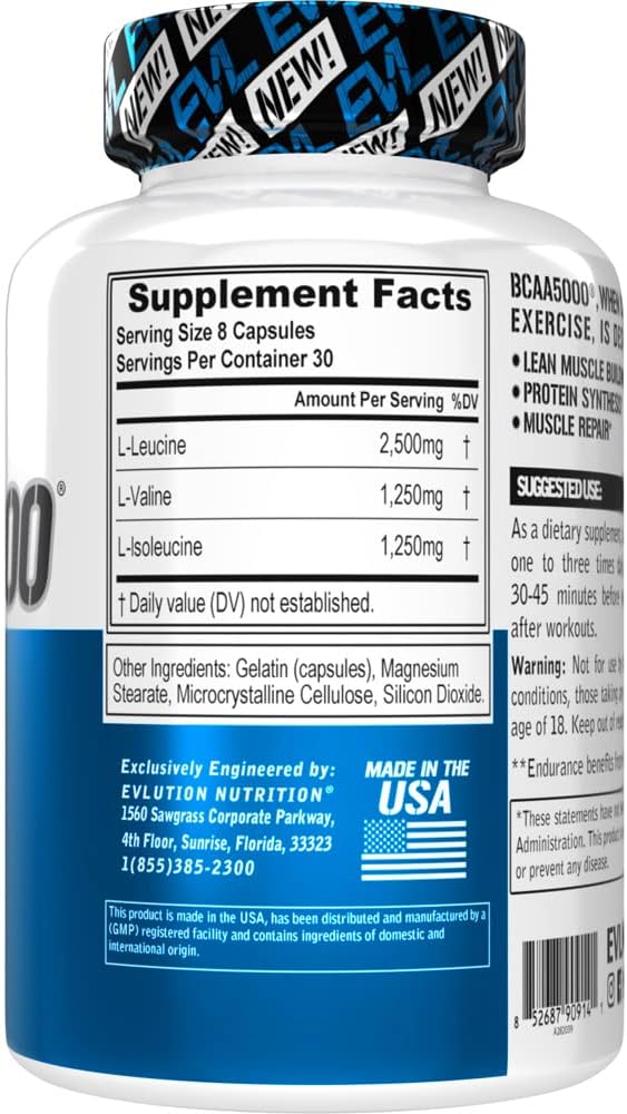 EVL BCAA 5000 Sports Nutrition Capsules - 30 Servings, 240 Count - Image 3