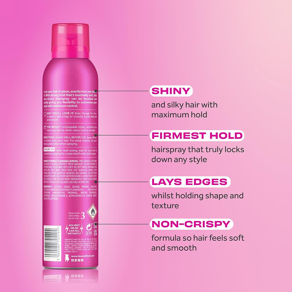 Lee Stafford Hair Spray Strong Hold, No Stiffness - 250ml - Image 2