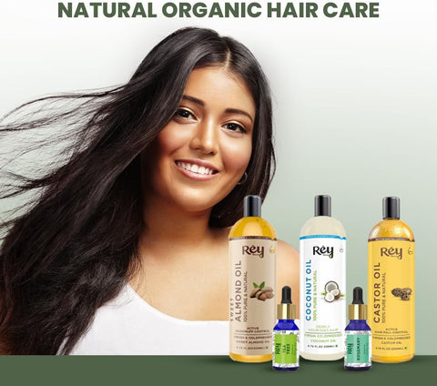 Rey Naturals Complete Hair Care Kit-Castor Oil + Coconut Oil + Almond Oil + Rosemary Oil + Tea tree Oil Combo