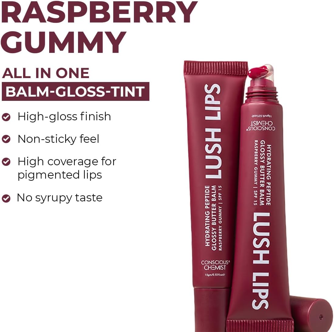 Conscious Chemist Peptide Lip Balm with Raspberry Tint SPF15 - 15g - Image 2