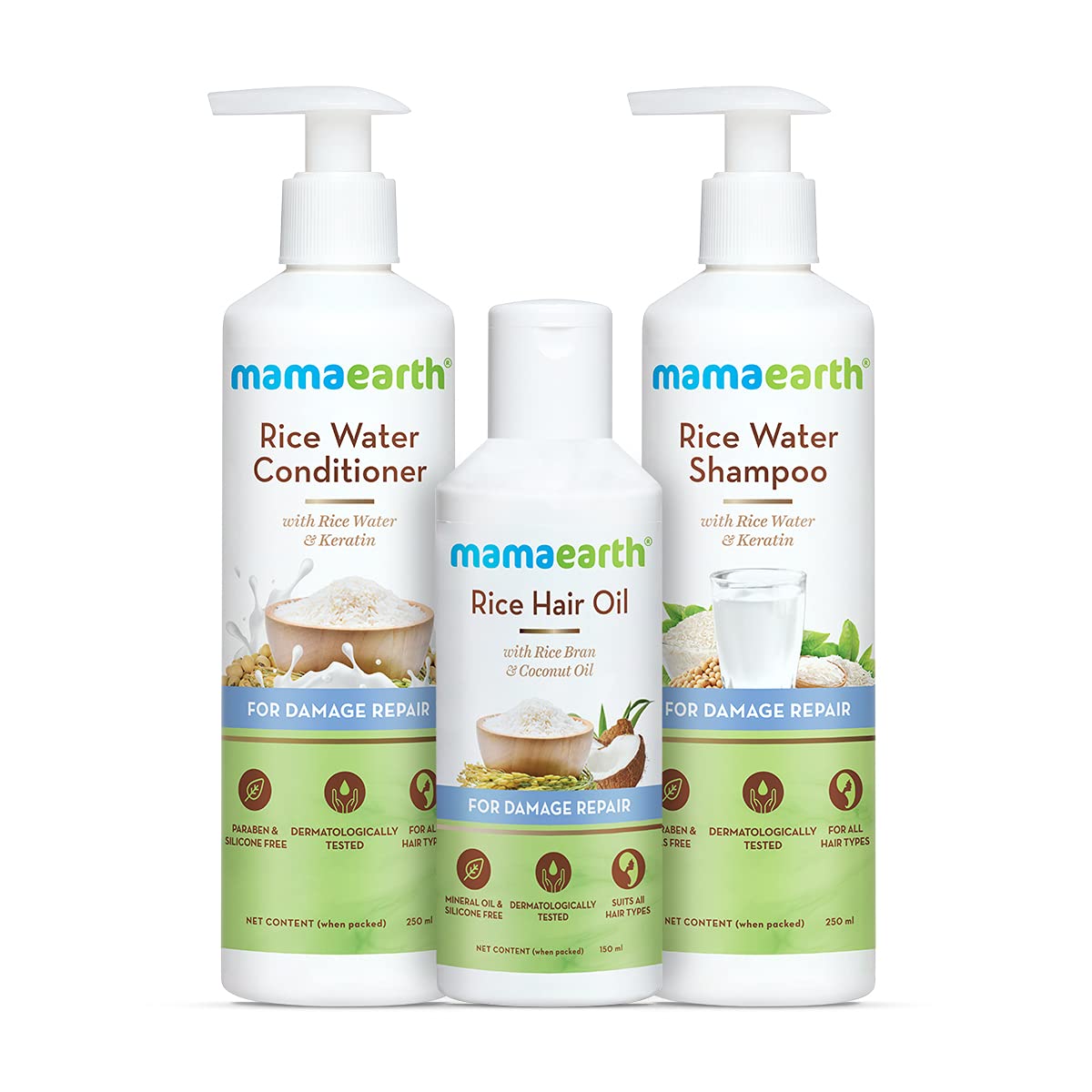 Mamaearth Damage Repair Kit with Rice Water - Oil, Conditioner & Shampoo Set