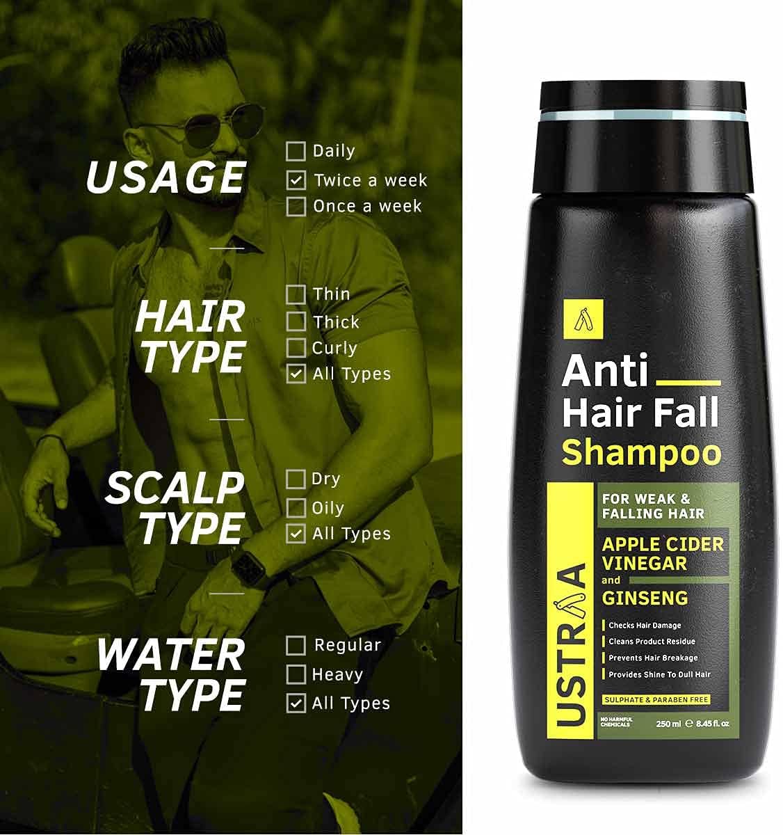 Ustraa Anti-Hair Fall Shampoo with Apple Cider Vinegar & Ginseng - 250ml - Image 5