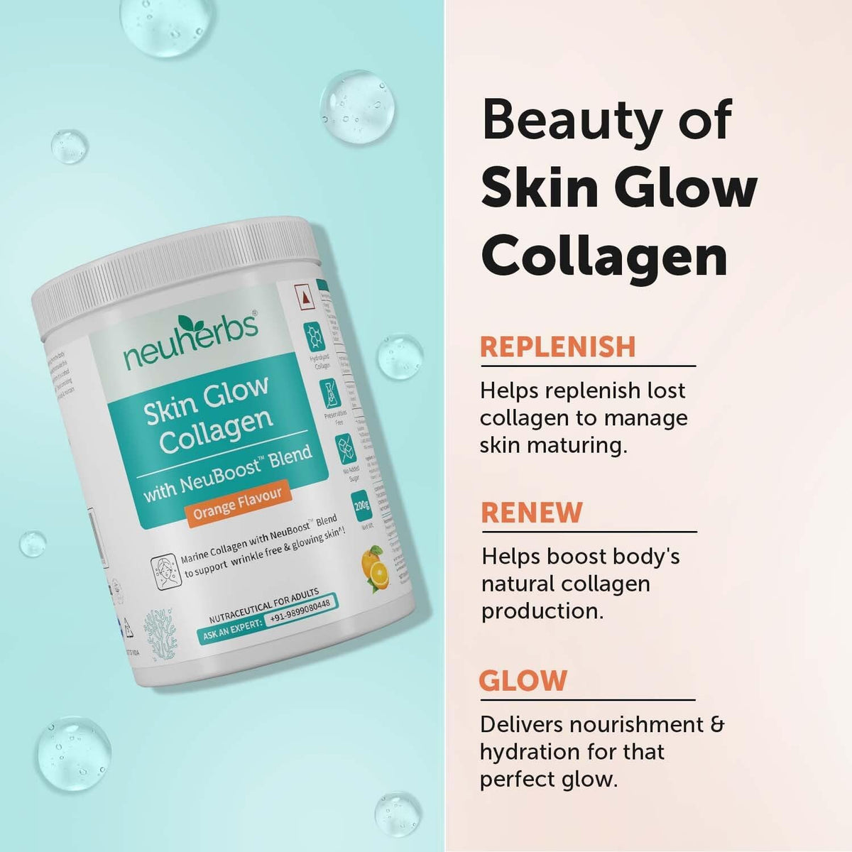 Neuherbs Skin Glow Marine Collagen Powder - Orange Flavour, 200g - Image 5