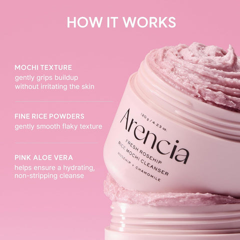 Arencia Rosehip Brightening Rice Mochi Face Cleanser & Daily Scrub - Moisturizing, Exfoliating & Deep-Cleansing - All Skin Types with Rice Powder & Rice Water (120g) - Image 4