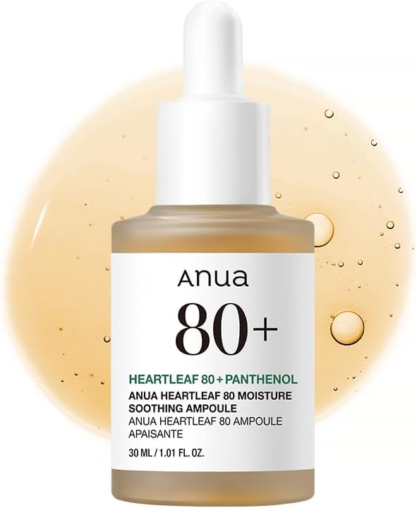 Anua Heartleaf 80 Soothing Ampoule, Hydration Facial Serum for Glass Skin, Panthenol, Hyaluronic Acid, Non-Greasy, Gentle Formula, Lightweight Essence, Vegan, Korean Skin Care, 30ml/1.01 fl.oz
