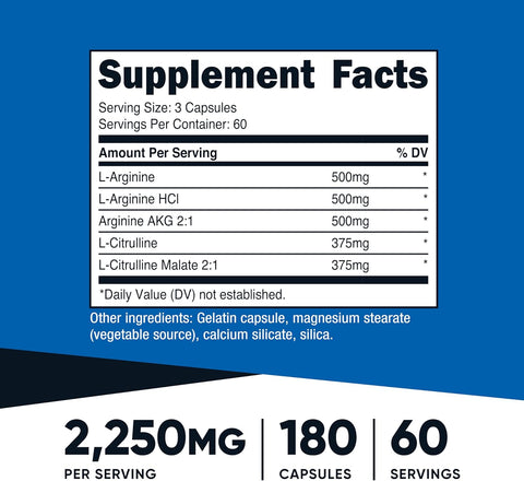 Nutricost Nitric Oxide Booster 2250mg, 180 Capsules - 750mg Per Casule, 60 Servings - Gluten Free and Non-GMO