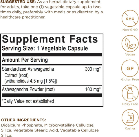 Solgar Standardized Full Potency Ashwagandha Root Extract Vegetable Capsules, 60 Count