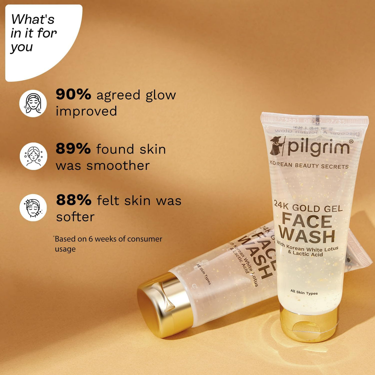 Pilgrim 24K Gold Gel Face Wash with Korean White Lotus & Lactic Acid - 80ml - Image 3