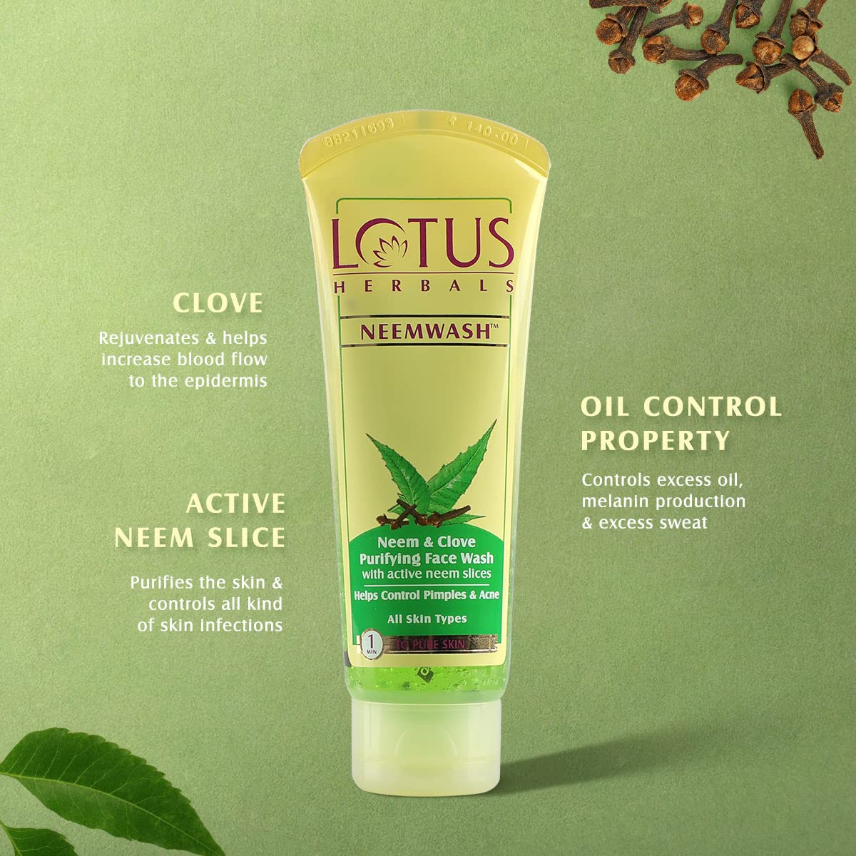 Lotus Herbal Neem & Clove Face Wash with Active Neem Slices - 120 G - Image 3