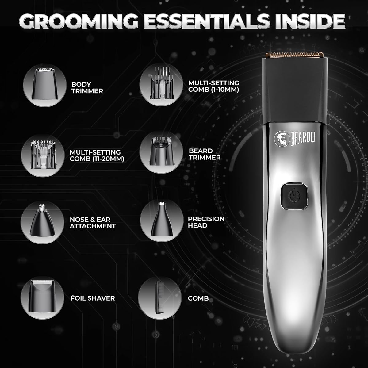 Beardo Chrome Beast Grooming Kit with 6 Attachments & 40 Settings - Image 3