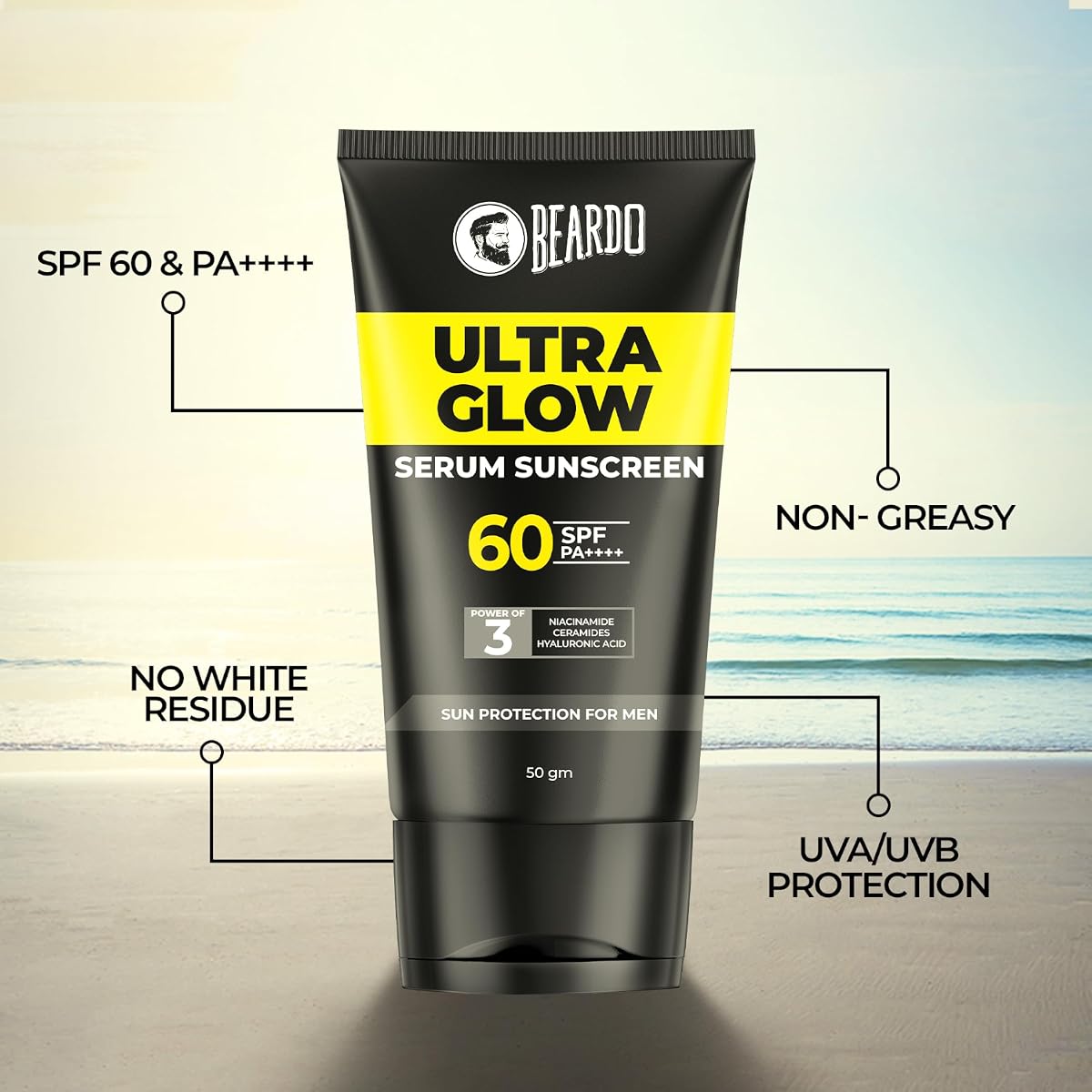 Beardo Ultra Glow Serum Sunscreen SPF 60+ with Niacinamide, Ceramides & Hyaluronic Acid - 50g - Image 5