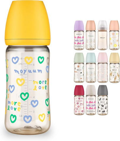 Moyuum PPSU All-in-One Feeding Baby Bottle with Nipple 270ml (+3 months) - Anti Colic, BPA Free & Easy Clean Wide-Neck Non-Tip Stable Base - More love (SOOSOOJIN) Edition - Yellow