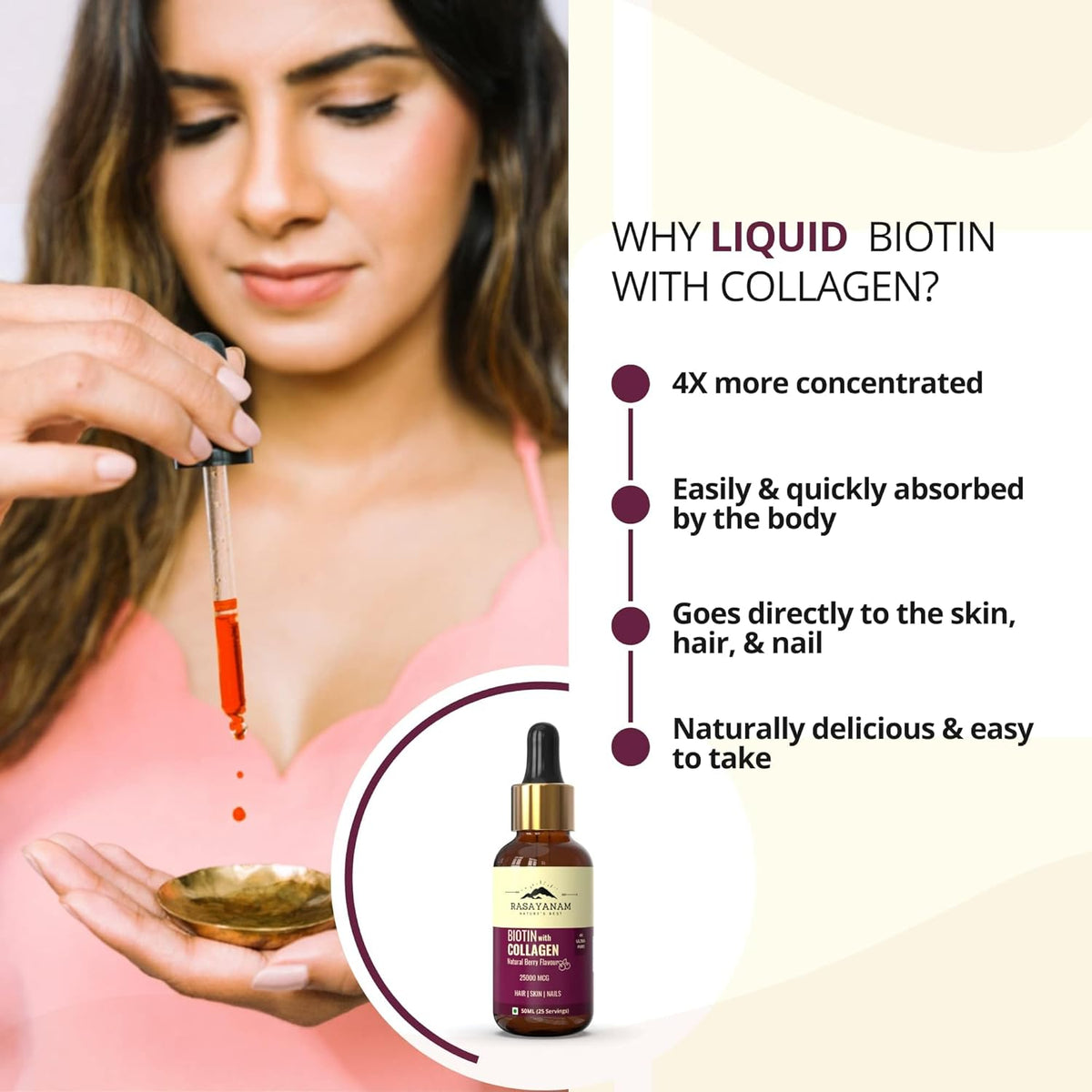 Rasayanam Liquid Biotin & Collagen - Natural Berry Flavour, 25000mcg, 50ML - Image 4