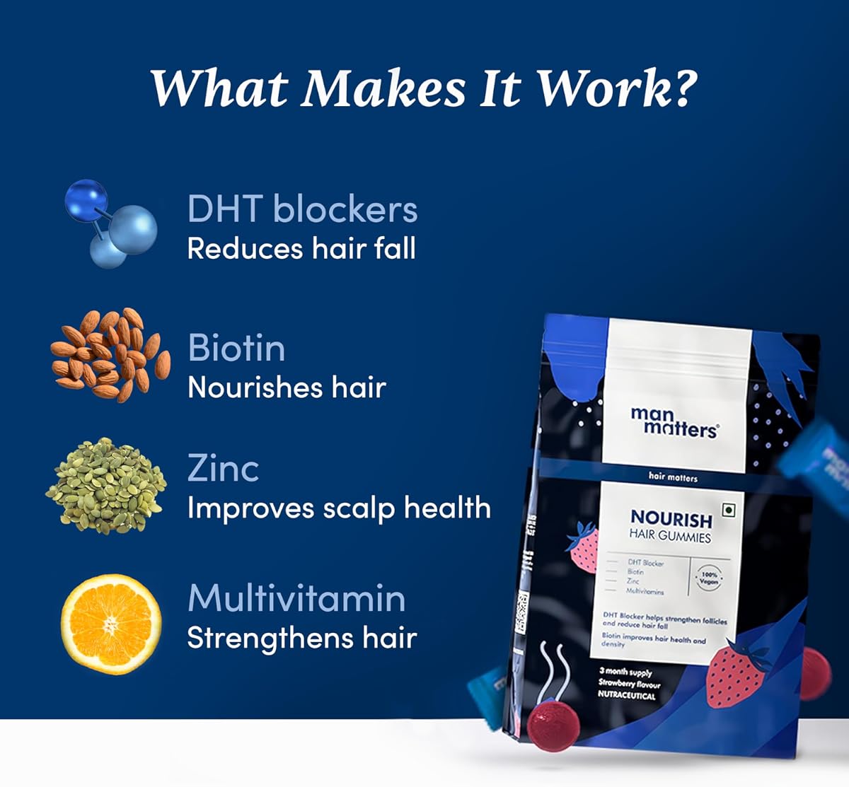 Man Matters Biotin Hair Gummies with DHT Blockers - 100% Vegan - 90 Gummies - Image 3