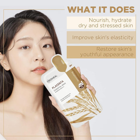 Mediheal Best Korean Sheet Mask | Placenta Essential Face Mask For Anti Aging | Korean Rejuvenazing Mask | Ultra Nourishing Glowy Skin Treatment | 10 Sheets