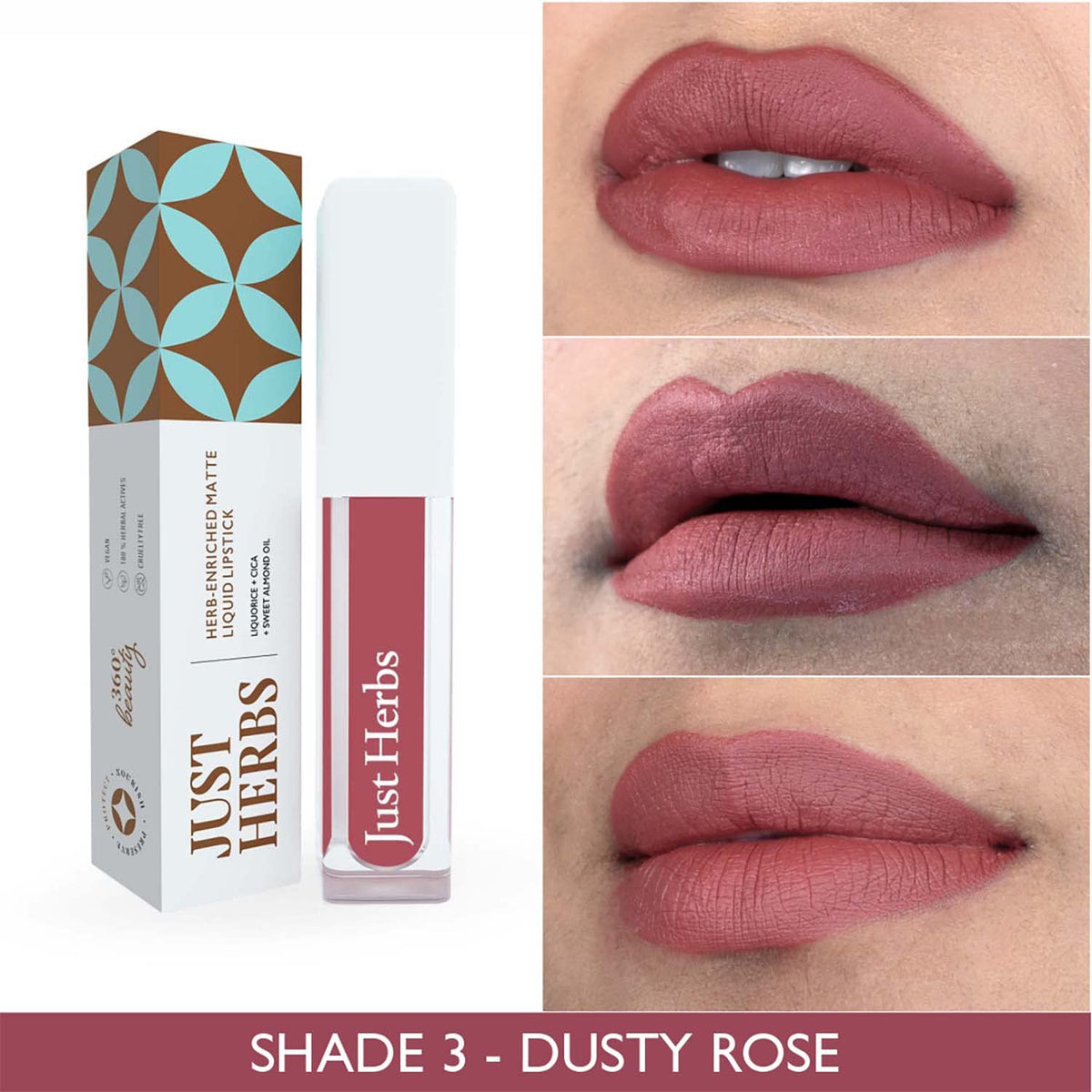 Just Herbs Ayurvedic Creamy Matte Long Lasting Liquid Lipstick - Dusty Rose, 15g - Image 3
