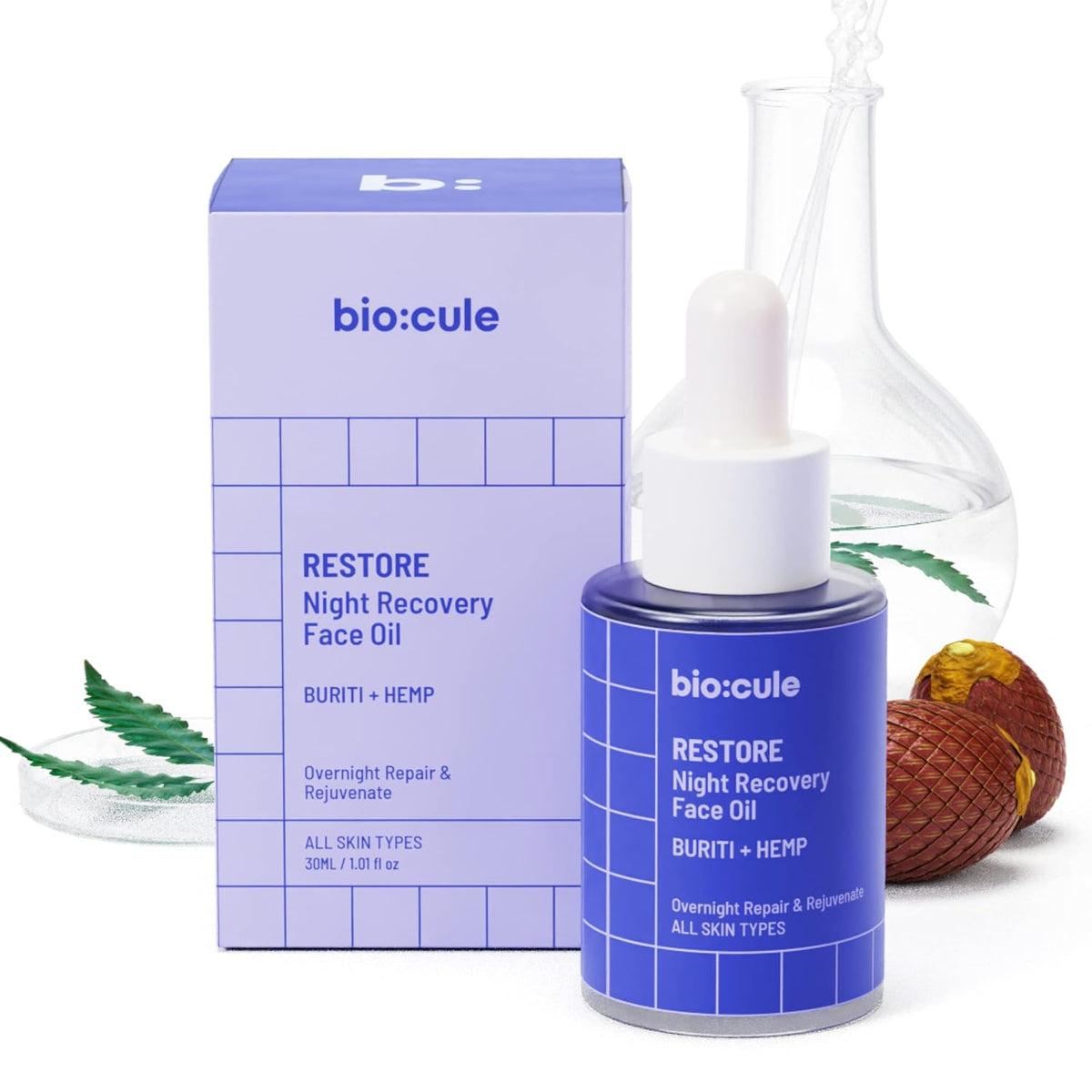 Biocule Restore Night Recovery Face Oil : Buriti + Hemp 30ml