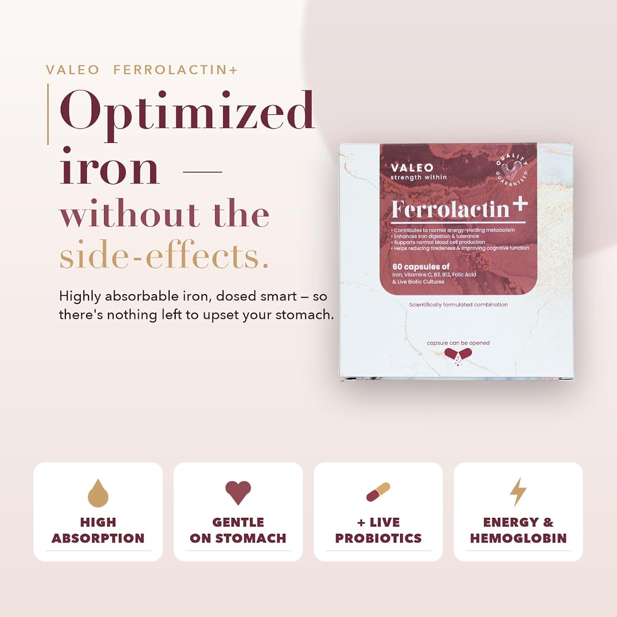 Valeo Ferrolactin+ Gentle Iron Supplement with Vitamin C & Probiotics - 60 Capsules - Image 3