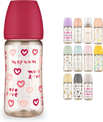 Moyuum PPSU All-in-One Feeding Baby Bottle with Nipple 270ml (+3 months) - Anti Colic, BPA Free & Easy Clean Wide-Neck Non-Tip Stable Base - More love (SOOSOOJIN) Edition - Cherry
