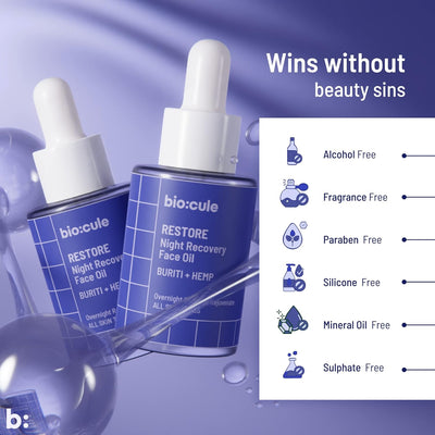 Biocule Restore Night Recovery Face Oil - Buriti + Hemp, 15ml - Image 2