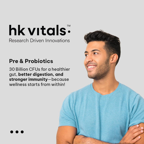 HK vitals Pre & Probiotics (60 Capsules) | With CFU & 100mg Prebiotics | Improves Digestion & Immunity