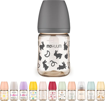 Moyuum PPSU All-in-One Feeding Baby Bottle with Nipple 170ml (0-3 months) - Anti Colic, BPA Free & Easy Clean Wide-Neck Non-Tip Stable Base - Rabbit Edition - Grey