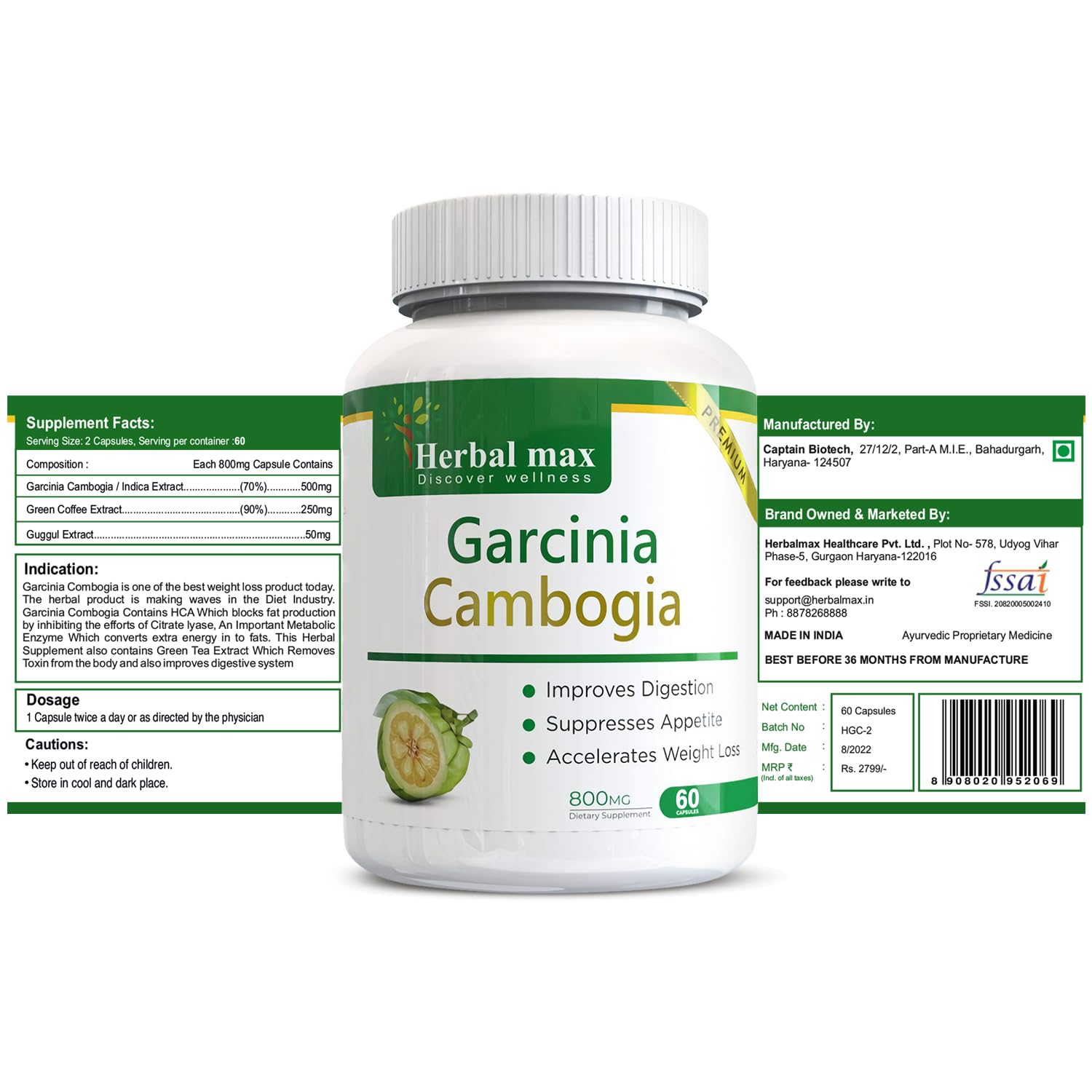 Herbal max Garcinia Cambogia Capsule with 70% HCA, Green Tea Extract, and Gugull Extract for Weight Management - 60 Capsule (Pack of 1)